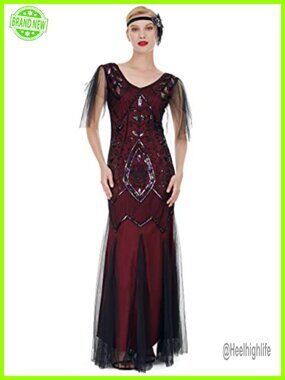 Art Deco Sequin Maxi Dress Flapper Gatsby Tulle Sleeve Formal Gown